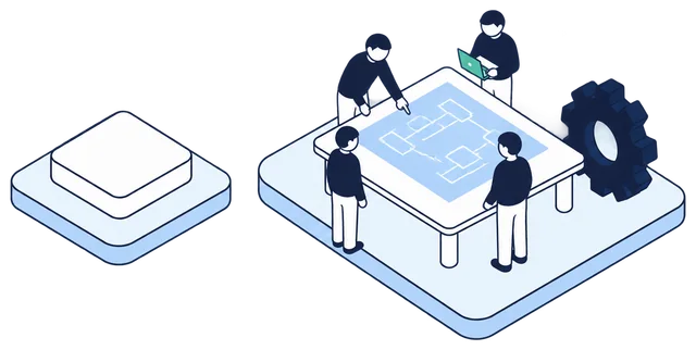 Isometric illustration. The Anonomatic mark on its plinth, linked to a team of four engineers around a table with a blueprint. One points at the plan and one works on a laptop. A large gear stands beside them.
