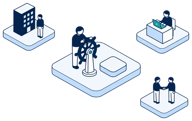Isometric illustration. A founder at a ship’s wheel, with the Anonomatic mark beside it. Dashed lines lead out to a customer by an office building, an employee at a desk and two partners shaking hands.