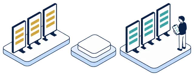 Isometric illustration. Three tables of gold identified rows on one platform, the Anonomatic mark on a small platform in the middle and the same three tables in teal protected data on a platform to the right. A team member beside the teal tables holds a checklist.