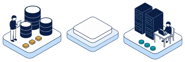 Isometric illustration. On the left, a data engineer with a tablet stands beside three navy source databases and three gold identity records. The Anonomatic mark stands on its own tile in the middle. On the right, a colleague works at a laptop beside server racks and three teal protected-data discs, the destination, with dashed connectors running left to right.
