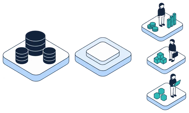 Isometric illustration. One source of three navy databases feeds the Anonomatic mark. Dashed teal lines carry protected data from it to three people on three tiles, and it arrives in a different shape on each: coins and a bar chart, stacked cubes and a briefcase, hexagons and a laptop.