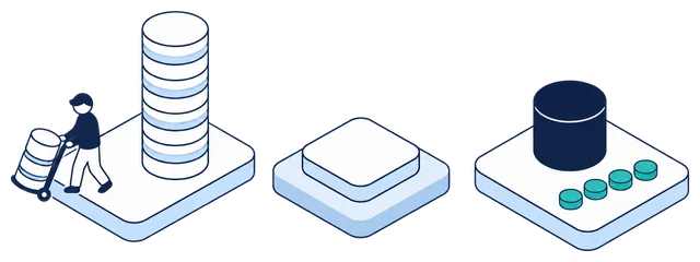 Isometric illustration. A worker wheels a copy of a database away on a hand truck, beside a tall stack of database copies. Past the Anonomatic mark, one navy database stands with a row of four teal protected-data discs.