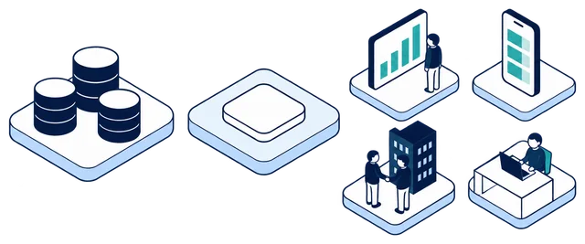 Isometric illustration. A stack of navy databases feeds the Anonomatic mark. From it, teal protected data goes to four uses: an analyst beside a dashboard, a mobile app, two partners shaking hands in front of an office building and a tester at a laptop.