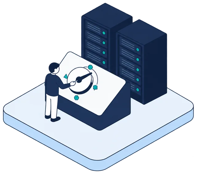 Isometric illustration. An engineer turns a dial on a control console, with four teal markers around it for the choice of method. Two navy server racks stand behind the console, unchanged.