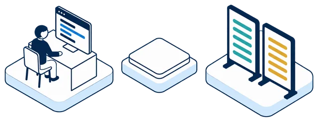 Isometric illustration. An analyst at a desk runs a query on a monitor. The Anonomatic mark stands on its own tile beside the desk. Past it stand two tall result boards: one of teal rows, protected, and one of gold rows, re-identified.