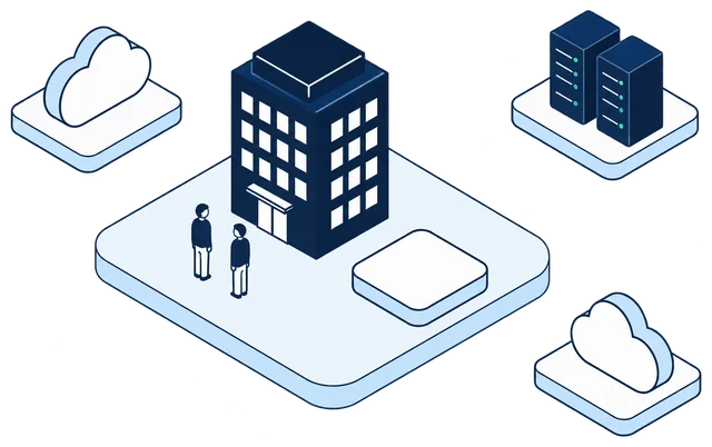 Isometric illustration. A navy office building and two employees stand on a large platform, the customer environment, with the Anonomatic mark on its own plinth beside the building. Two clouds and a pair of server racks sit on separate tiles outside the platform, each linked to it by a dashed line.