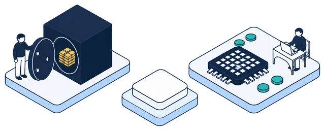 Isometric illustration. A team member opens a vault of gold identity records. The Anonomatic mark stands between the vault and an AI processor, where a data scientist works with teal protected data.