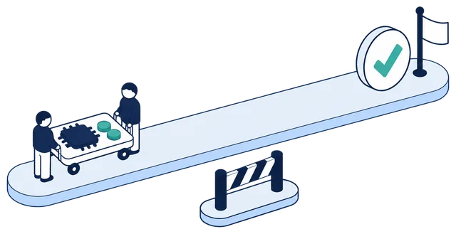 Isometric illustration. Two colleagues wheel a model and protected data along an open lane toward a finish flag and a check mark. A road barrier stands to one side, out of the way.
