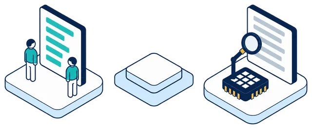Isometric illustration. Two anonymous figures in teal stand beside a document of teal protected records. Past the Anonomatic mark, an AI chip holds a magnifying glass to a second document and finds only grey, blank rows.
