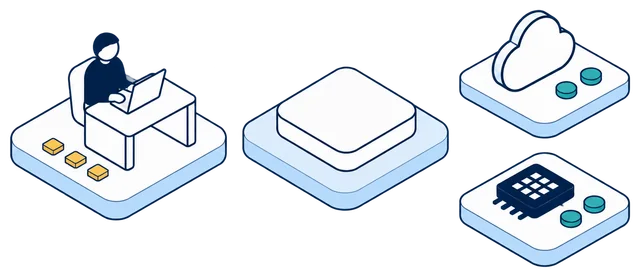 Isometric illustration. An employee works at a laptop beside three gold identity records. Past the Anonomatic mark, a cloud service and an AI chip each receive teal protected data.