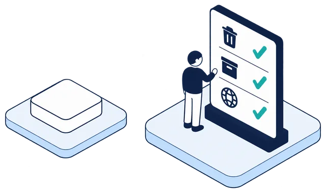 Isometric illustration. The Anonomatic mark beside a control panel with three rows, a bin, an archive box and a globe, each ticked. A person stands at the panel.
