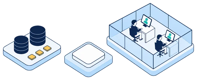 Isometric illustration. Databases and three gold identity records on one side of the Anonomatic mark. Beyond it, two data scientists work inside a glass-walled room, and their screens show anonymous teal figures.
