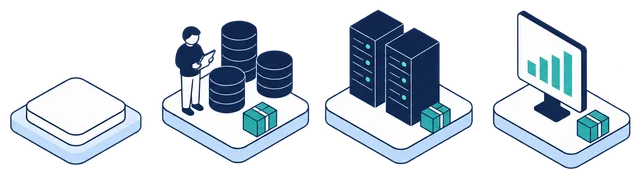 Isometric illustration. From the Anonomatic mark, a teal line runs through three systems in a row: databases with an engineer holding a tablet, server racks and a dashboard. Each holds the same teal parcel of protected data.
