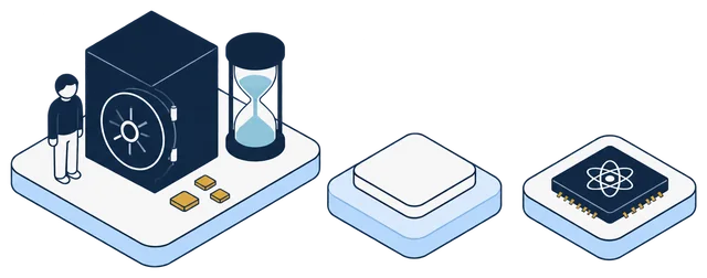 Isometric illustration. A team member stands beside a closed vault, an hourglass and three gold identity records, connected to the Anonomatic mark. A quantum chip marked with an atom sits apart on its own tile, with no connection to them.