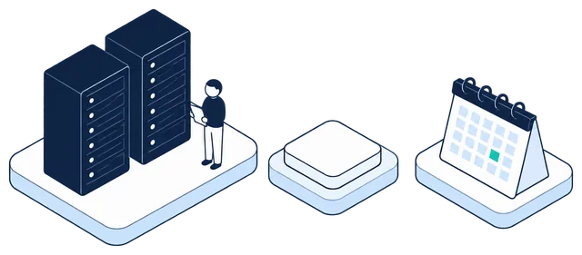 Isometric illustration. An engineer stands beside two standard server racks, connected to the Anonomatic mark. Past the mark, a desk calendar with a single day marked in teal.