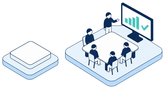 Isometric illustration. The Anonomatic mark beside a boardroom, where a presenter shows four seated board members a screen of teal bars with a check mark.