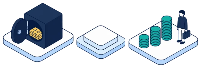 Isometric illustration. An open vault holding gold identity records on one side of the Anonomatic mark. On the other, three stacks of teal coins and a business partner with a briefcase.